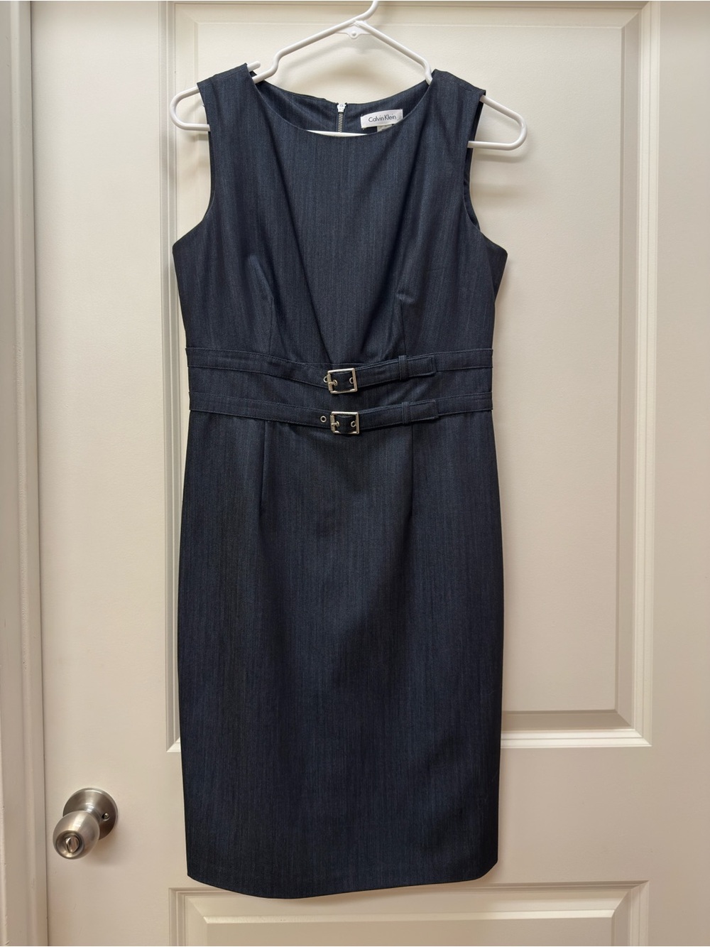 Calvin Klein Dark Navy Sleeveless Midi Sheath Dress with Double Belts